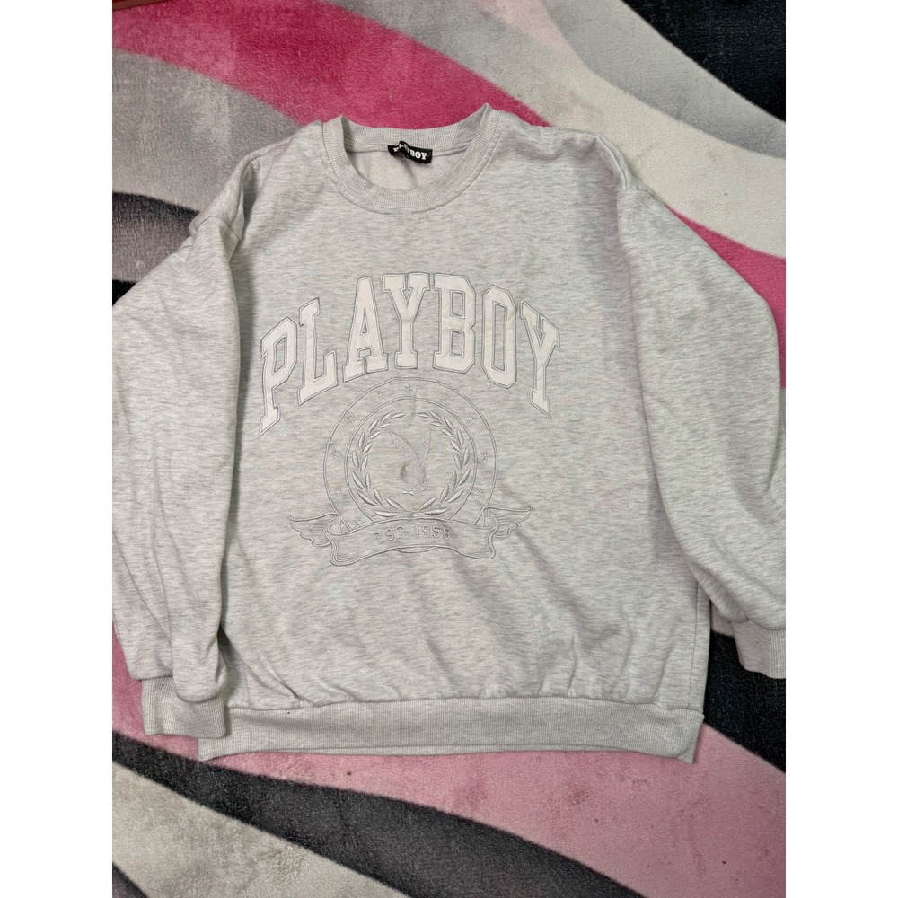 Playboy Womens Grey Heather Graphic Pullover Sweatshirt Crest Logo Size Medium